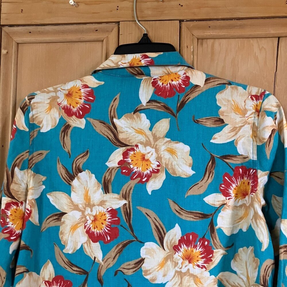 Jones New York Vintage 90s Floral Linen Hawaiian Shirt Small Petite Blue SP EXC - Picture 10 of 11